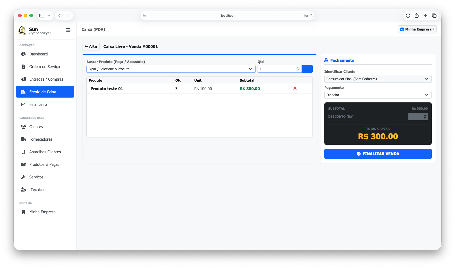 Tela do Frente de Caixa PDV
